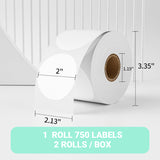 2" White Round Direct Thermal Labels – 750 Labels per Roll, 2 Rolls per Box | Self-Adhesive, Waterproof, Removable | Circle Thermal Sticker Paper for Organization, Warehousing, and Business Use