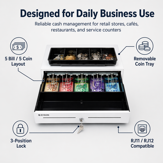 White 16" Automatic Cash Drawer with Removable Coin Tray (5 Bill/5 Coin)