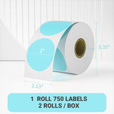 2" Blue Round Direct Thermal Labels – 750 Labels per Roll, 2 Rolls per Box | Self-Adhesive, Waterproof, Removable | Circle Thermal Sticker Paper for Organization, Warehousing, and Business Use