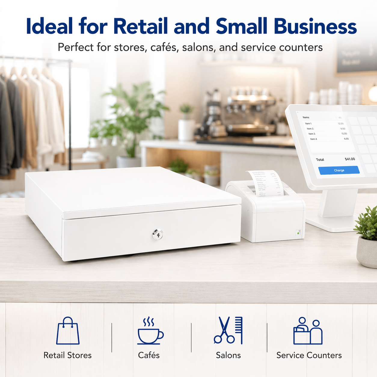 White 13" Automatic Cash Drawer with Removable Coin Tray 4B4C 2Keys