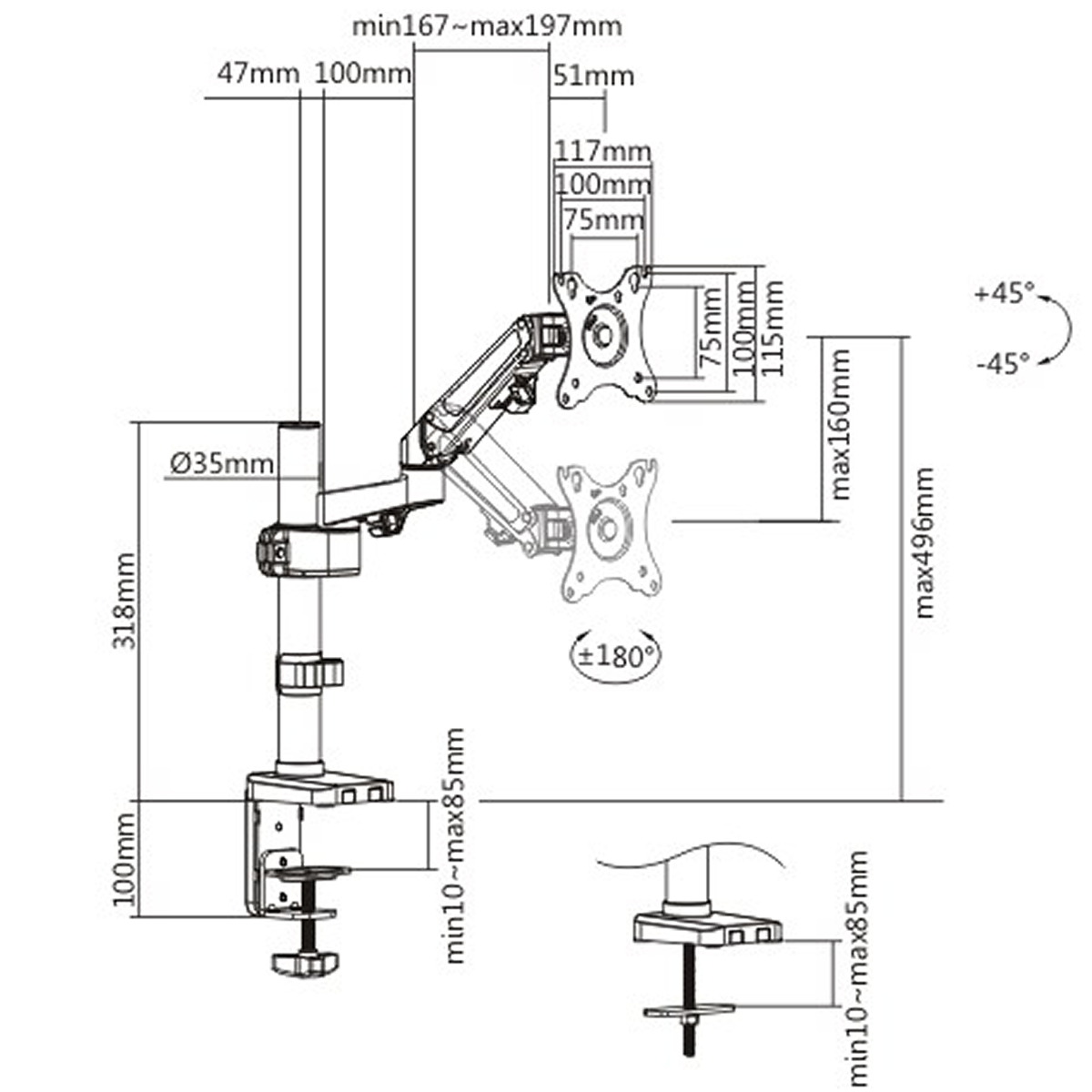 Single Monitor Stand - Gas Spring Single Arm Monitor Desk Mount Fit 17" to 27" Screens - syson