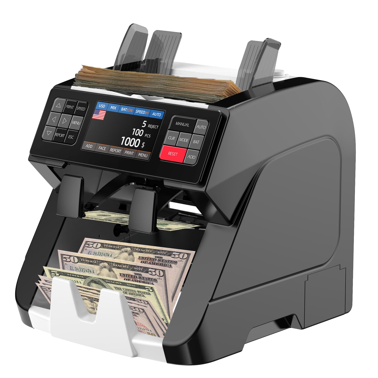 Bank-Grade Multi-Currency Money Counter – 1+1 Pocket Mixed Denomination Bill Counter & Sorter, Dual CIS Sensors, 4.3” Touchscreen, Adjustable Speed, Counterfeit Detection