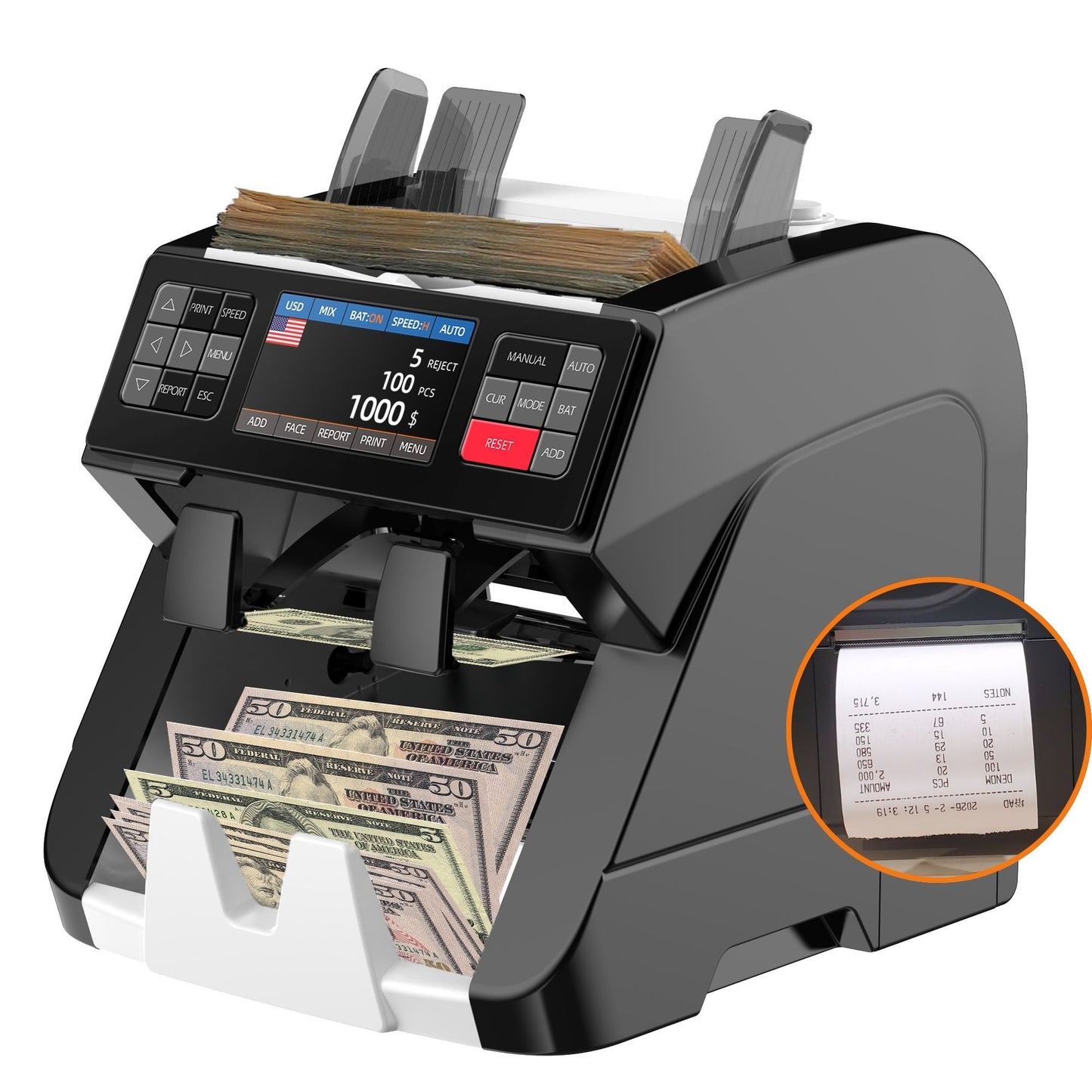 Bank-Grade Multi-Currency Money Counter – 1+1 Pocket Mixed Denomination Bill Counter & Sorter, Dual CIS Sensors, 4.3” Touchscreen, Adjustable Speed, Counterfeit Detection