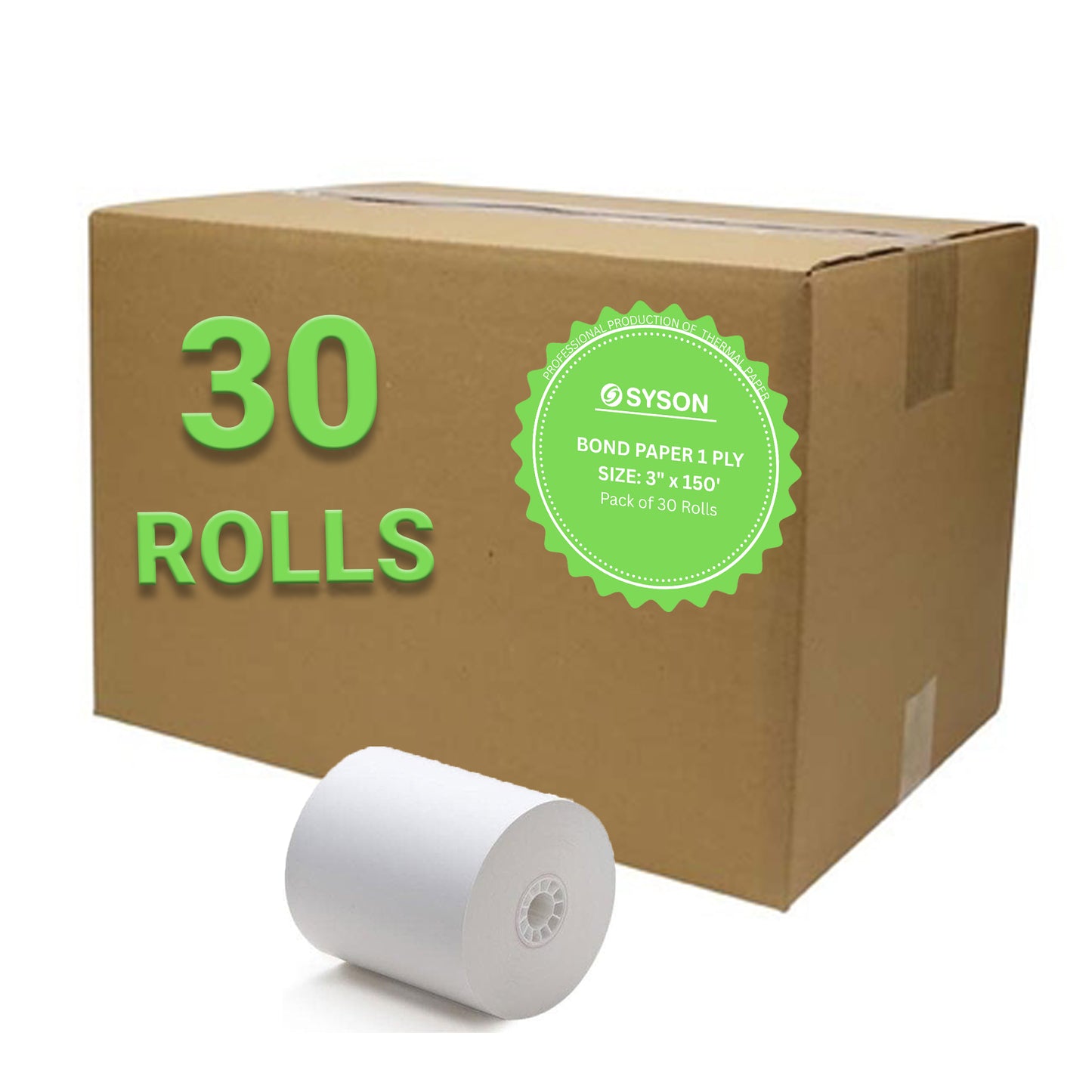 SYSON 3" x 150' Bond Kitchen Printer Paper Rolls – 1-Ply, 30 Rolls/Case, Non-Thermal Receipt Paper, Compatible with Epson, Bixolon, Citizen, Star, and More