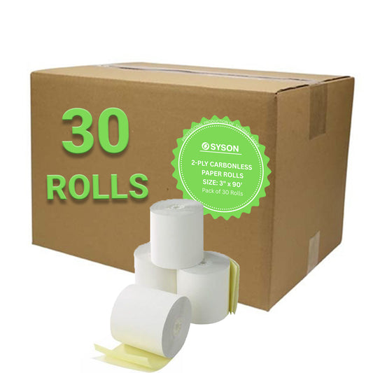 SYSON 3" x 90' Premium 2-Ply Carbonless Paper Rolls – White/Yellow, 30 Rolls/Case, Non-Thermal Kitchen Receipt Paper, Compatible with Epson, Star, Bixolon, and More