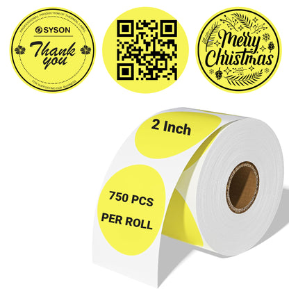 2" Yellow round direct thermal labels – waterproof, removable, and self-adhesive. 750 labels per roll, 2 rolls per box – perfect for organization, warehousing, and business labeling.