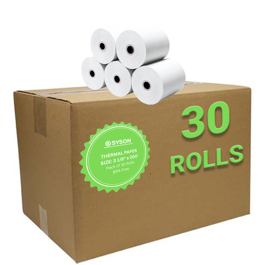 SYSON 3 1/8" × 200' Thermal Paper Rolls – 30 Rolls/Case | BPA-Free 80 mm POS Receipt Paper for Clover, Epson, Star