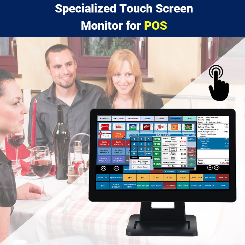 POS 15.6" Capacitive Touch Screen Monitor, 1366×768 LCD Display, 16:9 Wide Screen, Multi-Touch, Supports VGA/HDMI/USB, for POS System, Retail, Restaurant, Kiosk
