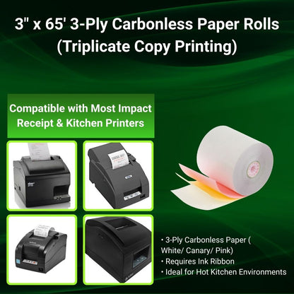SYSON 3" × 65' Premium 3-Ply Carbonless Paper Rolls – White/Canary/Pink, 30 Rolls per Case | Non-Thermal Kitchen Receipt Paper for Epson TM-U220, Star SP700, Bixolon & More