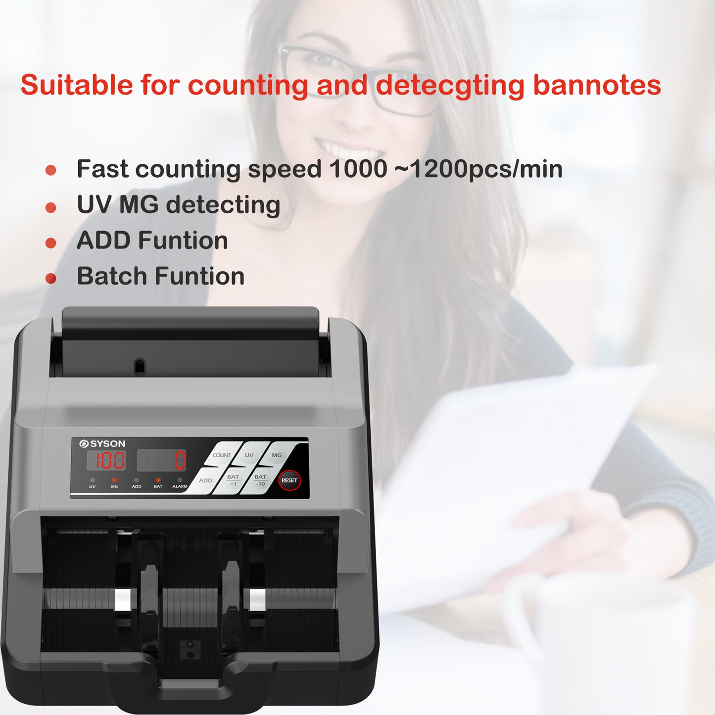 Syson Portable Money Counter – 1300 Bills/Min Fast Bill Counter with Advanced UV/MG Counterfeit Detection | Lightweight, Accurate & Reliable