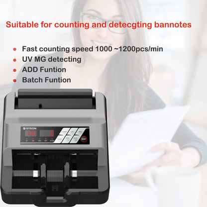 Syson Portable Money Counter – 1300 Bills/Min Fast Bill Counter with Advanced UV/MG Counterfeit Detection | Lightweight, Accurate & Reliable