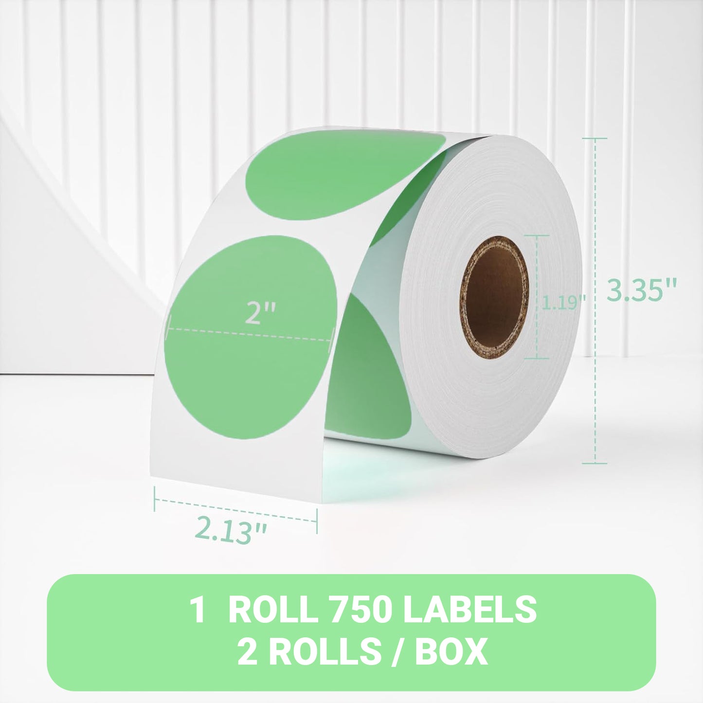 2" Green Round Direct Thermal Labels – 750 Labels per Roll, 2 Rolls per Box | Waterproof, Removable, Self-Adhesive Circle Stickers for Organization & Business