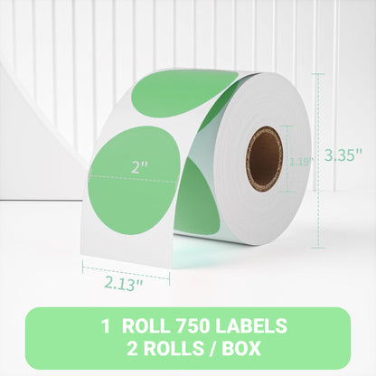 2" Green Round Direct Thermal Labels – 750 Labels per Roll, 2 Rolls per Box | Waterproof, Removable, Self-Adhesive Circle Stickers for Organization & Business