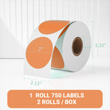 2" Orange Round Direct Thermal Labels – 750 Labels per Roll, 2 Rolls per Box | Self-Adhesive, Waterproof, Removable | Circle Thermal Sticker Paper for Organization, Warehousing, and Business Use