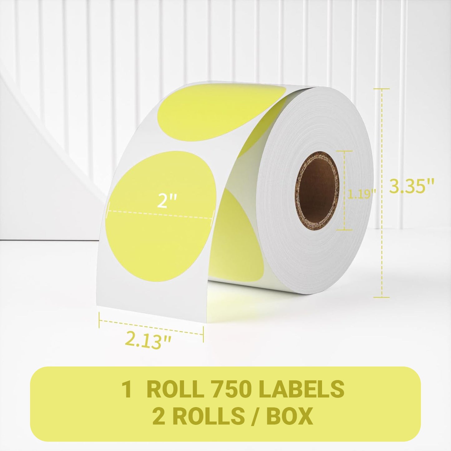 2" Yellow round direct thermal labels – waterproof, removable, and self-adhesive. 750 labels per roll, 2 rolls per box – perfect for organization, warehousing, and business labeling.