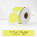 2" Yellow Round Direct Thermal Labels – 750 Labels per Roll, 2 Rolls per Box | Self-Adhesive, Waterproof, Removable | Circle Thermal Sticker Paper for Organization, Warehousing, and Business Use