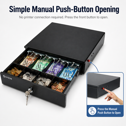 13" Manual Push Open Cash Drawer with Removable Coin Tray 4 Bill/ 4 Coin, 2 Keys