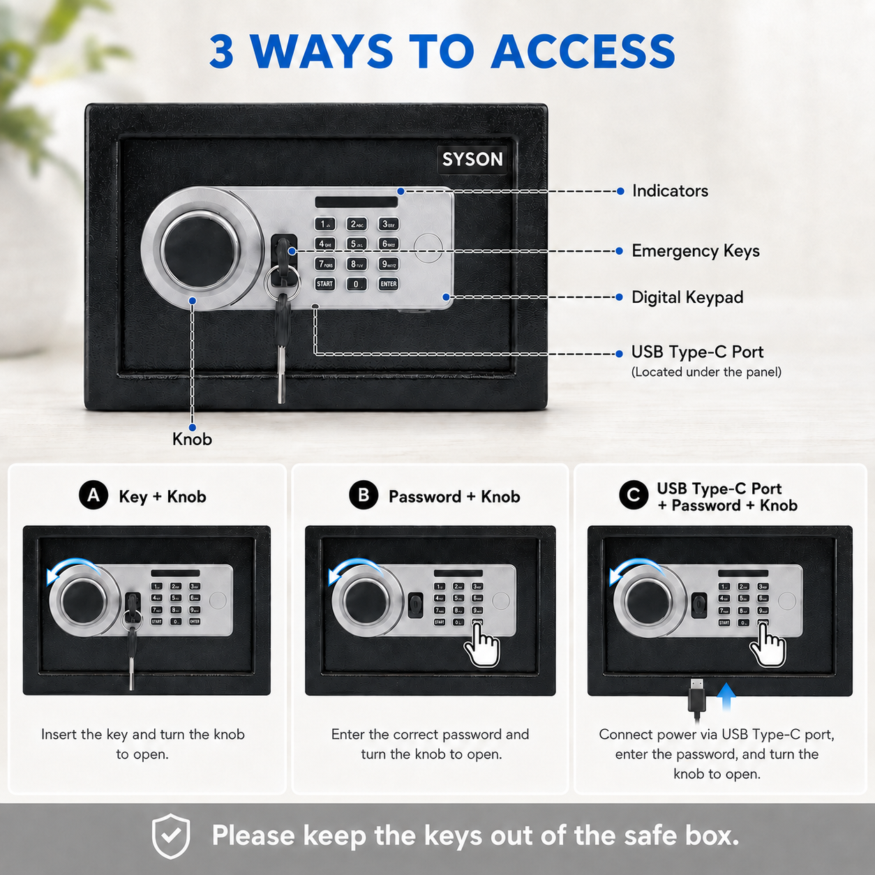 Digital Safe Box, Steel Lock Box with Electronic Keypad & Backup Keys, Compact Home Safe for Cash, Passport, Jewelry & Documents, Wall/Floor Mount, 20 x 31 x 20 cm