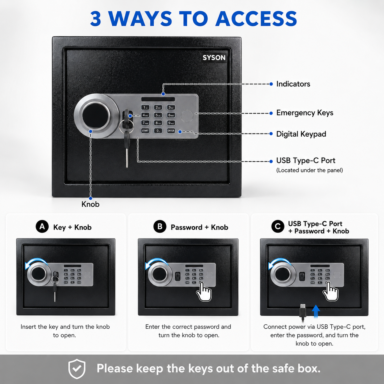 Digital Safe Box, Steel Lock Box with Electronic Keypad & Backup Keys, Compact Home Safe for Cash, Passport, Jewelry & Documents, Wall/Floor Mount, 36 x 33 x 33 cm