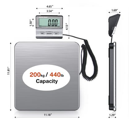 Digital Shipping Scale, 440lb (200Kg) Heavy Duty Stainless Steel Freight Scale, Hold/Tare Function, Manual/Auto Off LCD Display, Battery & AC Adapter Included