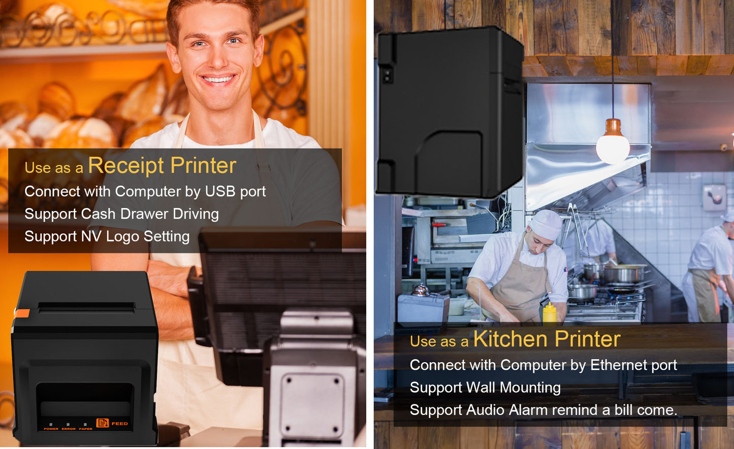 Syson 3 1/8" 80 mm Thermal Receipt Printer with Auto Cutter USB Ethernet Windows Linux Driver ESC/POS RJ11 RJ12 Cash Drawer