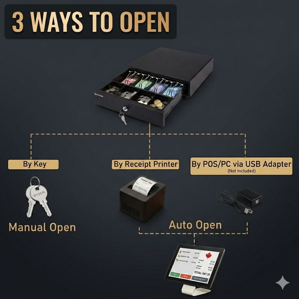 13" POS Automatic Cash Drawer with Removable Coin Tray 4B4C, 2 Keys, Compatible POS Receipt Printer