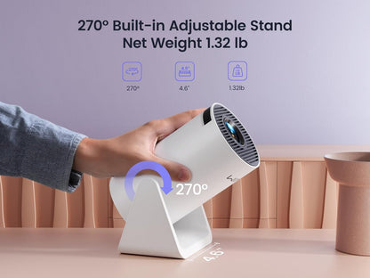 [270°Adjustable Stand] Smart Android Projector with WiFi and Bluetooth, Portable Projector 1080P, Auto Keystone Outdoor Projector for Phone/TV Stick/HDMI/PS5