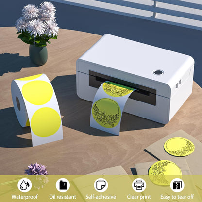 2" Yellow round direct thermal labels – waterproof, removable, and self-adhesive. 750 labels per roll, 2 rolls per box – perfect for organization, warehousing, and business labeling.