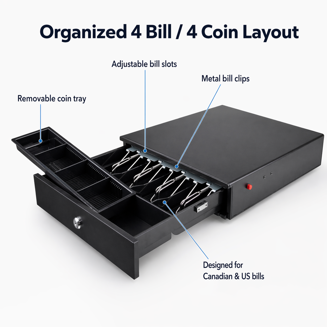13" Manual Push Open Cash Drawer with Removable Coin Tray 4 Bill/ 4 Coin, 2 Keys