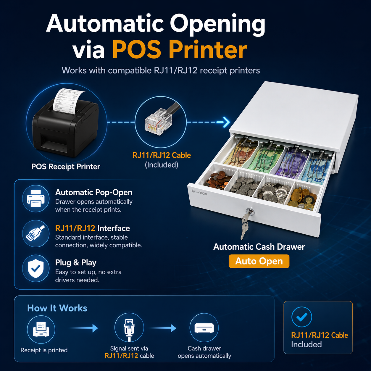 White 13" Automatic Cash Drawer with Removable Coin Tray 4B4C 2Keys