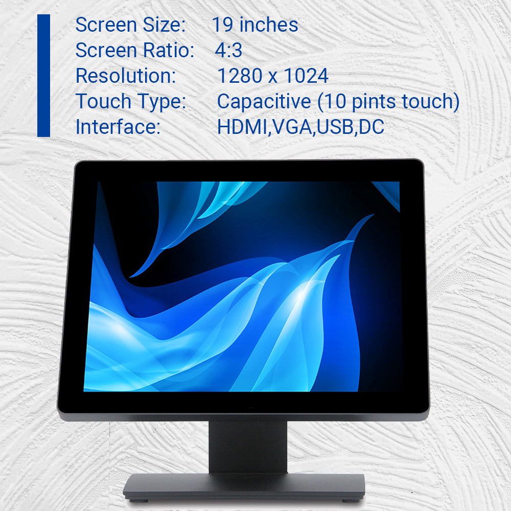 Syson POS 19" Capacitive Touch Screen Monitor, 1280×1024 LCD Display, 4:3 True Flat, Multi-Touch, Supports VGA/HDMI/USB, for POS System, Restaurant, Retail, Kiosk
