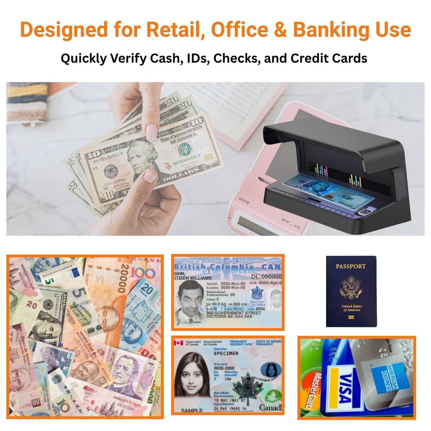 Portable Counterfeit Money Detector with UV Light – USB Powered, Auto Sensor, Compact Design for Cash, ID, and Credit Card Verification – Suitable for All Currencies