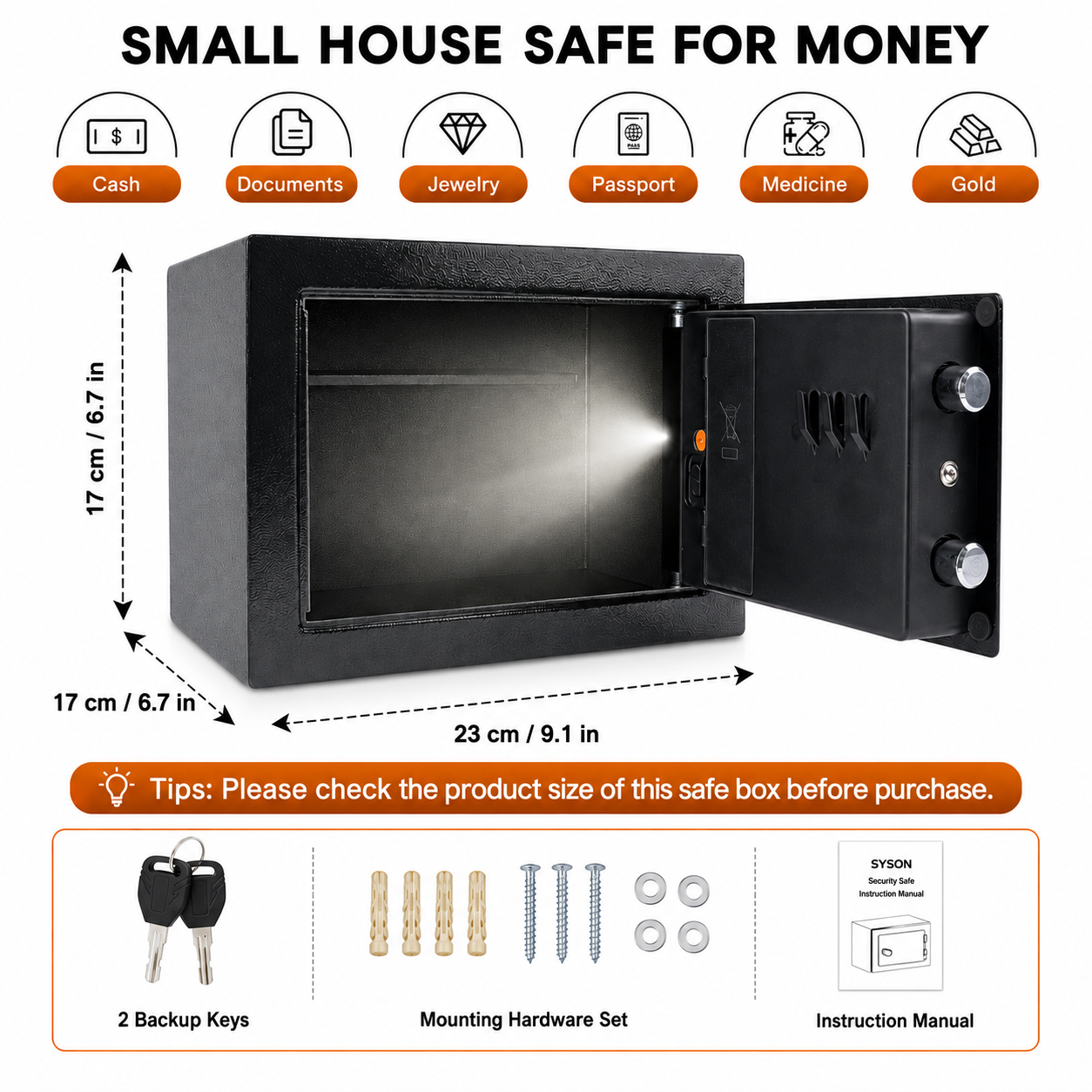 Small Safe Box with Digital Keypad and 2 Backup Keys, Compact Electronic Money Safe for Home, Office, Cash, Jewelry and Passports, 23 x 17 x 17 cm, Black