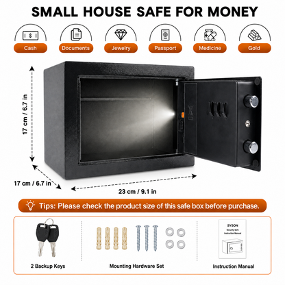 Small Safe Box with Digital Keypad and 2 Backup Keys, Compact Electronic Money Safe for Home, Office, Cash, Jewelry and Passports, 23 x 17 x 17 cm, Black