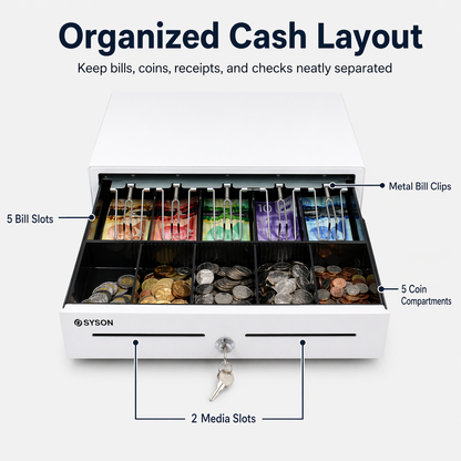 White 16" Automatic Cash Drawer with Removable Coin Tray (5 Bill/5 Coin)