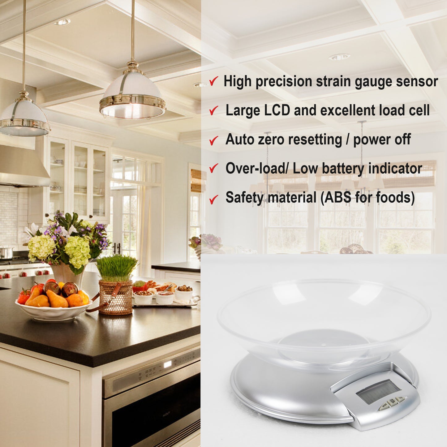 Digital Kitchen Scale, Digital Kitchen Food Weight Scale for Baking, Cooking and Weight Loss, 5kg/11lb