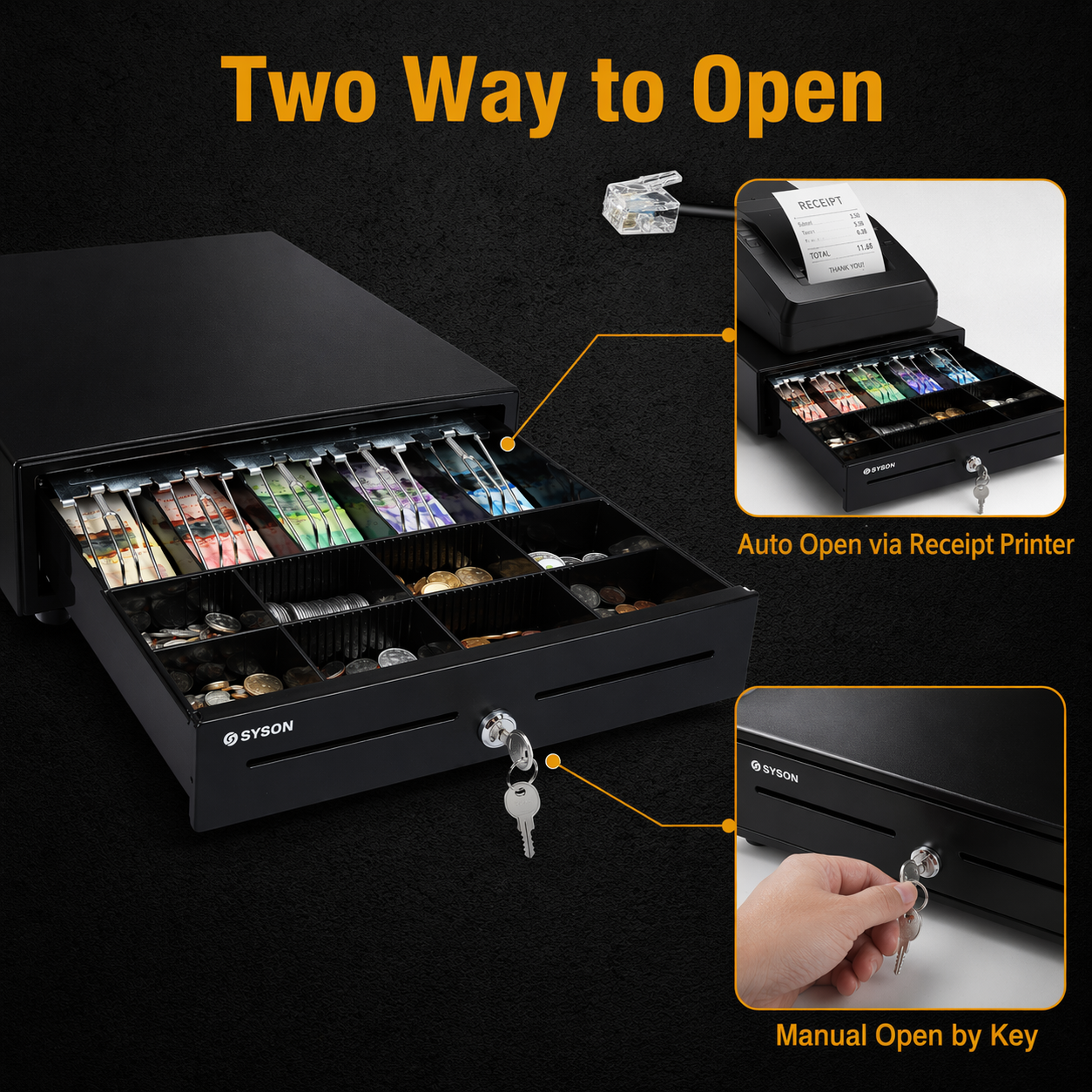 16" x 16" Automatic Cash drawer 405A 5B8C, Compatible with Receipt printer, 2 Keys