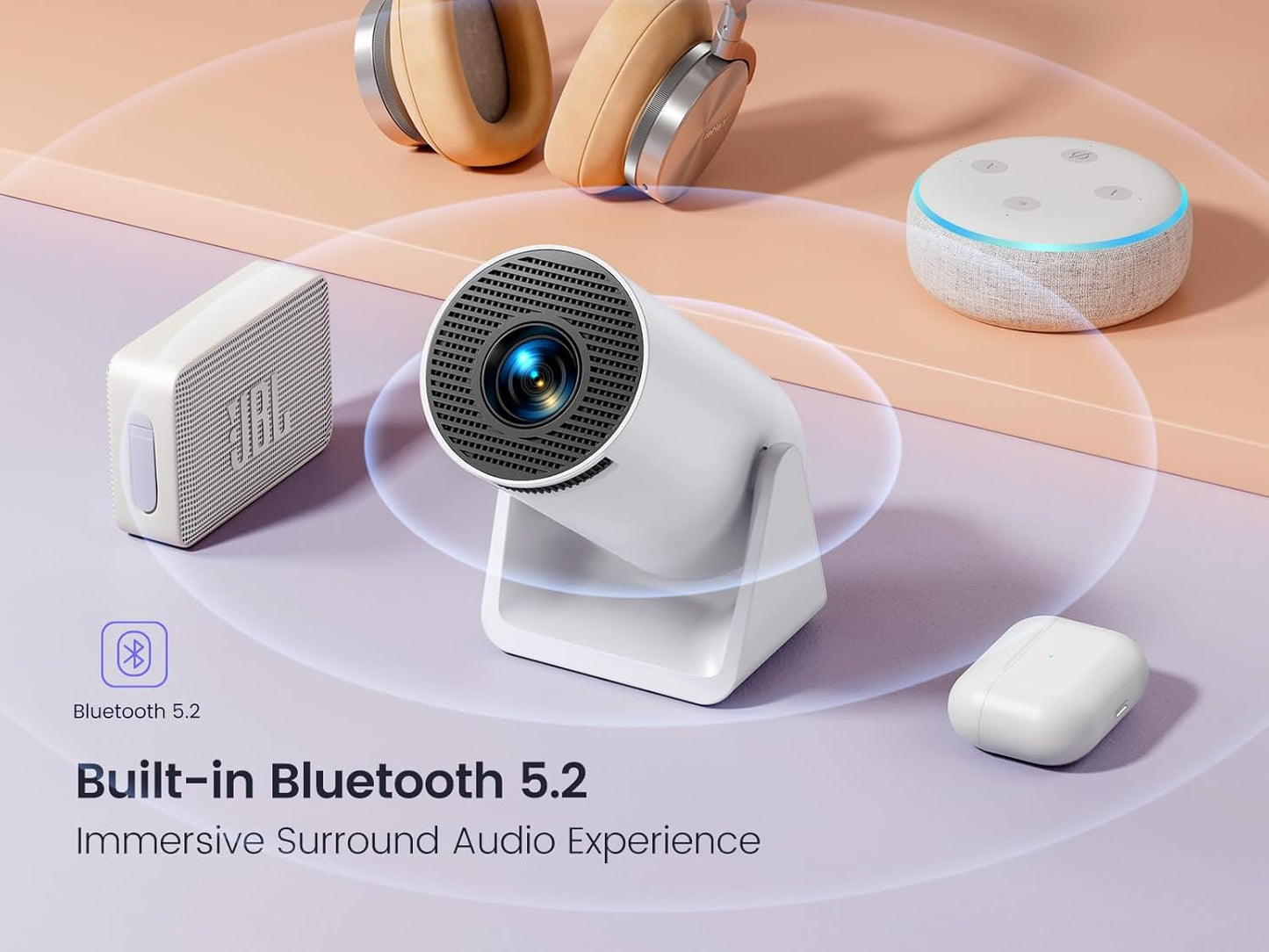 [270°Adjustable Stand] Smart Android Projector with WiFi and Bluetooth, Portable Projector 1080P, Auto Keystone Outdoor Projector for Phone/TV Stick/HDMI/PS5