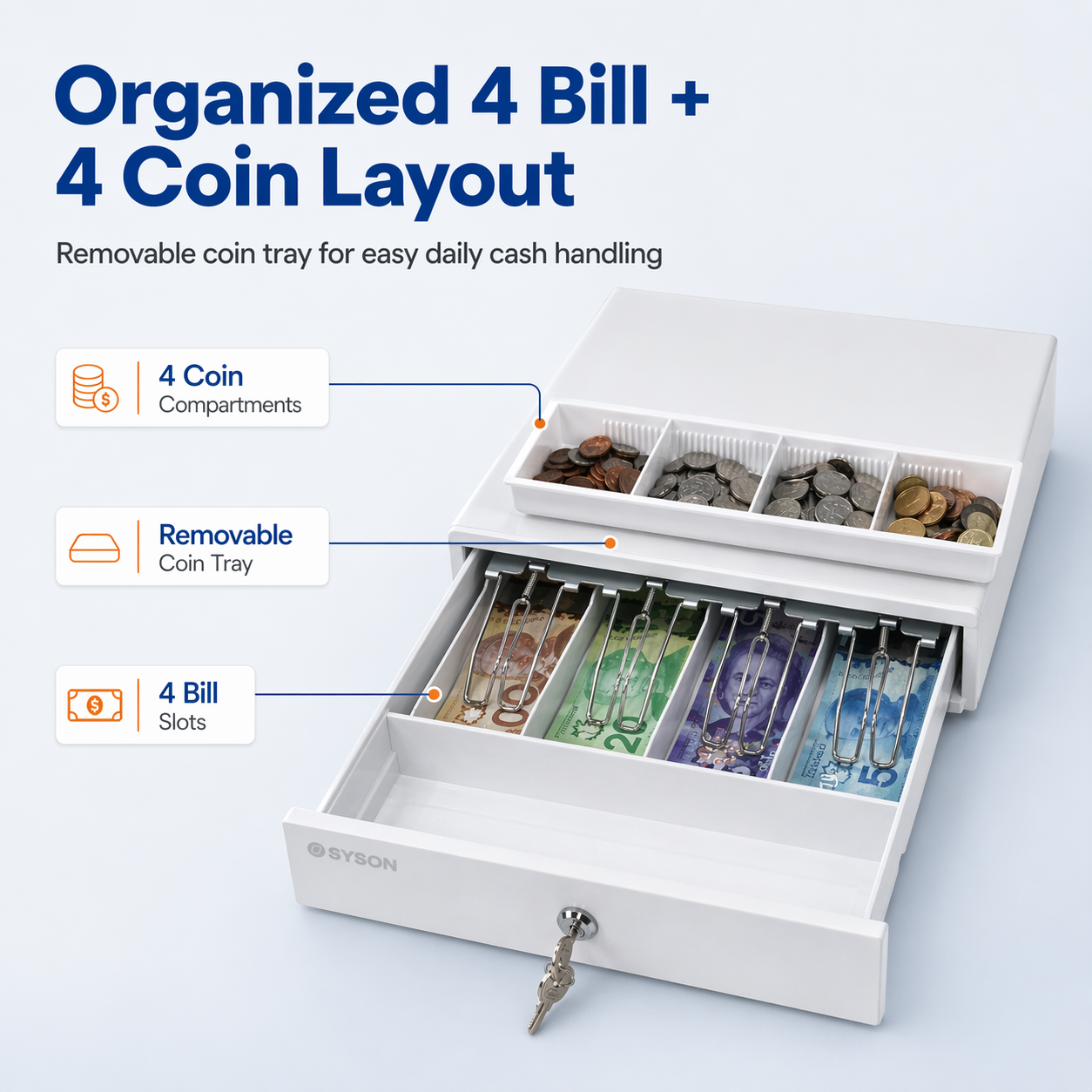 White 13" Automatic Cash Drawer with Removable Coin Tray 4B4C 2Keys