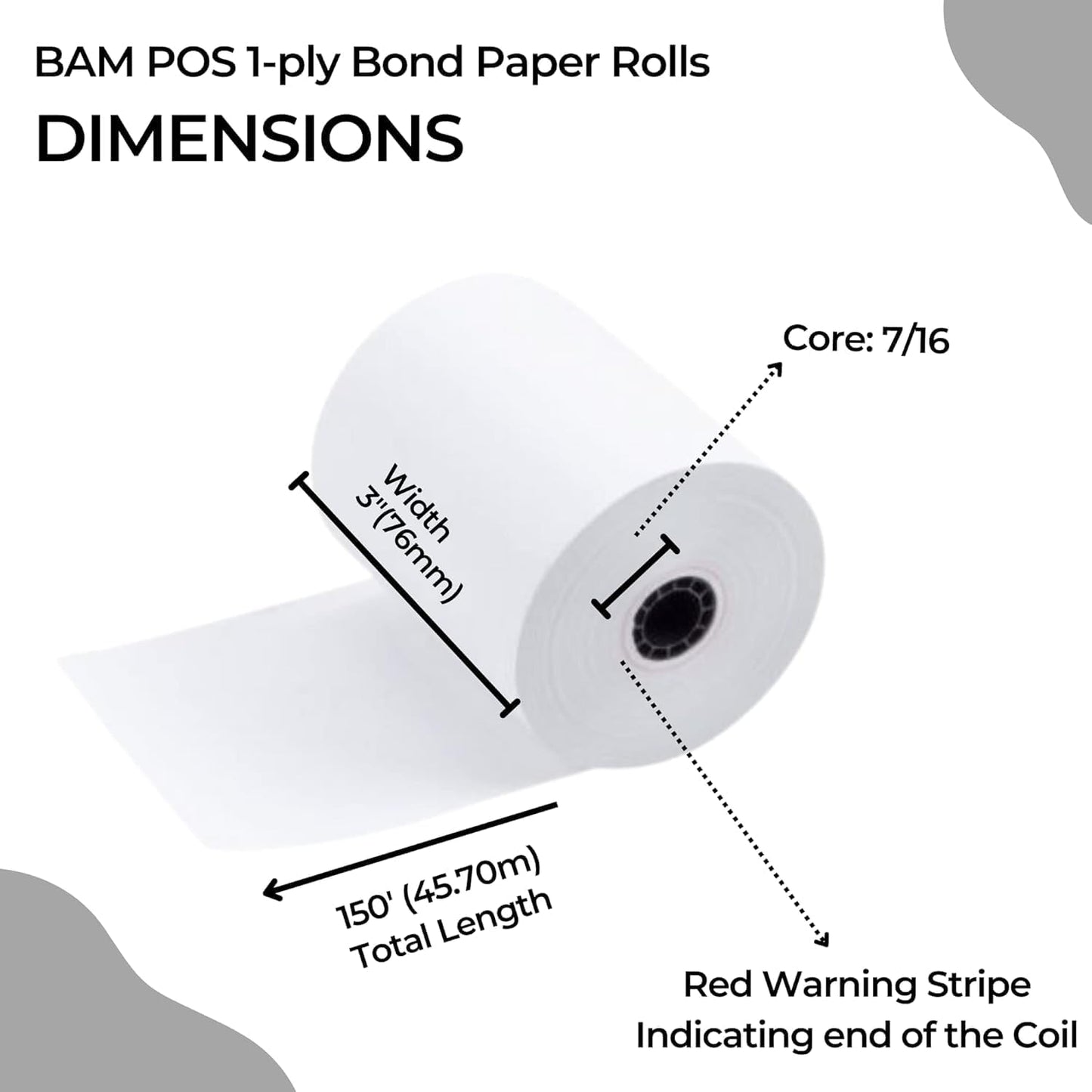 SYSON 3" x 150' Bond Kitchen Printer Paper Rolls – 1-Ply, 30 Rolls/Case, Non-Thermal Receipt Paper, Compatible with Epson, Bixolon, Citizen, Star, and More