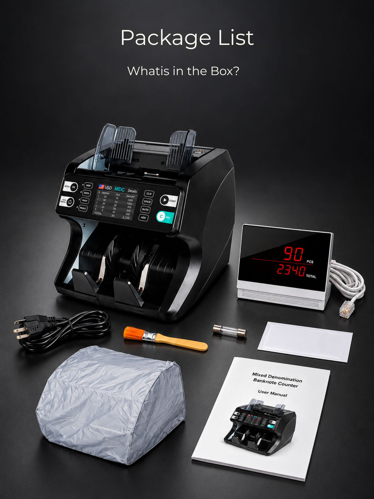Banknote Counter, 20-Currency Mixed Denomination Money Counter, Dual CIS Counterfeit Detection, Serial Number Recognition, Auto Currency Recognition, Up to 1500 Notes/Min