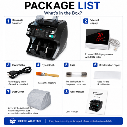 Banknote Counter, 20-Currency Mixed Denomination Money Counter, Dual CIS Counterfeit Detection, Serial Number Recognition, Auto Currency Recognition, Up to 1500 Notes/Min