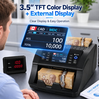 Mixed Denomination Money Counter Machine with CIS, Multi-Currency Bill Counter for CAD USD EUR GBP MXN INR PHP JPY, Counterfeit Detection, External Display