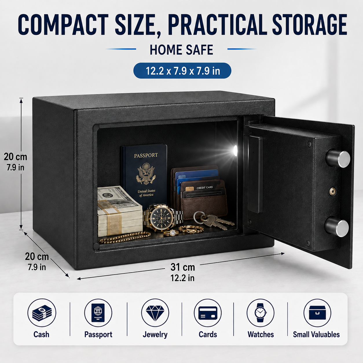 Digital Safe Box, Steel Lock Box with Electronic Keypad & Backup Keys, Compact Home Safe for Cash, Passport, Jewelry & Documents, Wall/Floor Mount, 20 x 31 x 20 cm
