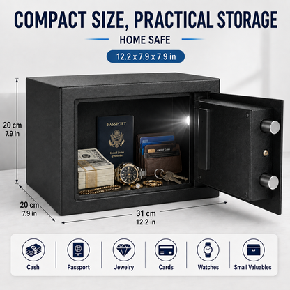 Digital Safe Box, Steel Lock Box with Electronic Keypad & Backup Keys, Compact Home Safe for Cash, Passport, Jewelry & Documents, Wall/Floor Mount, 20 x 31 x 20 cm