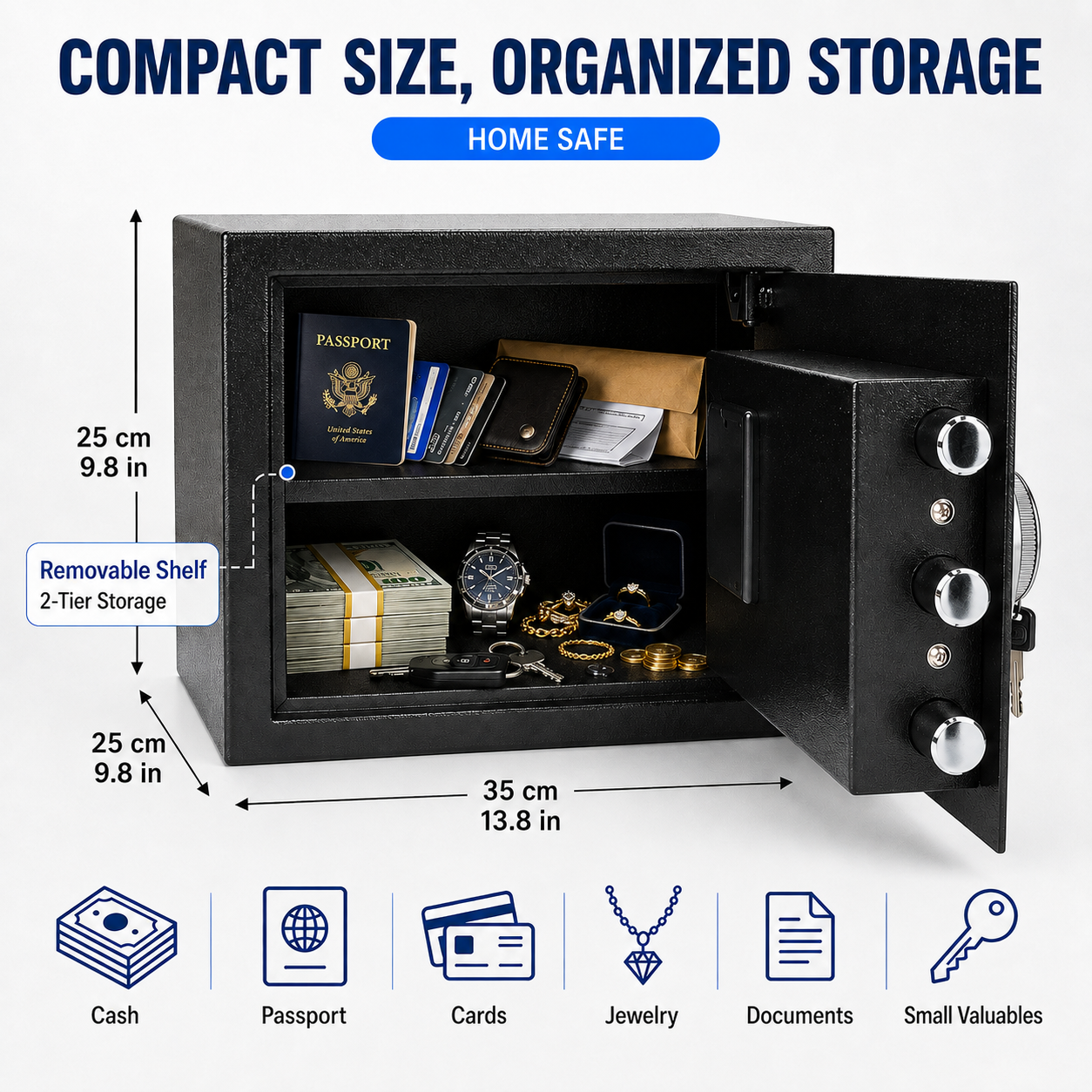 Digital Safe Box, Steel Lock Box with Electronic Keypad & Backup Keys, Compact Home Safe for Cash, Passport, Jewelry & Documents, Wall/Floor Mount, 25 x 35 x 25 cm