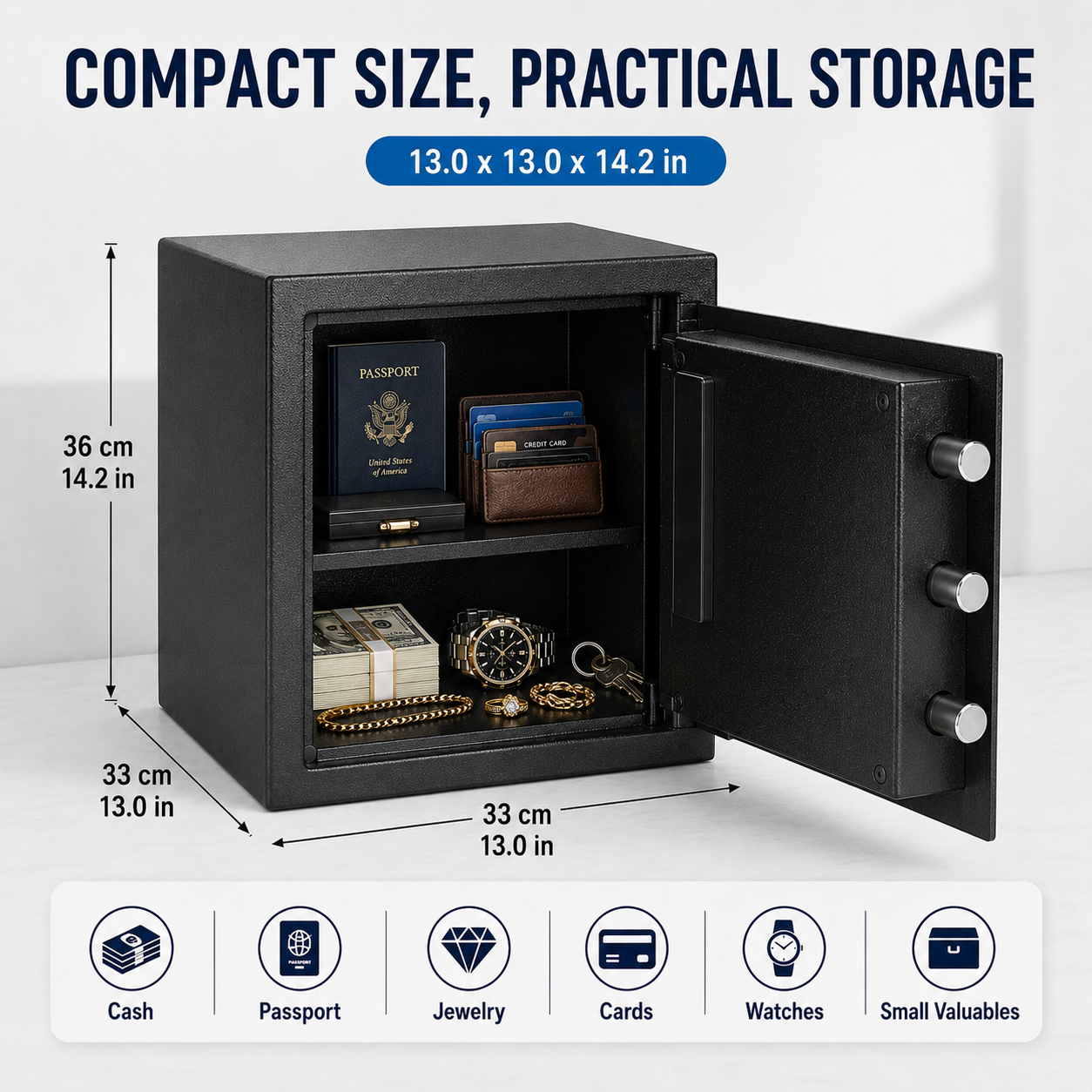 Digital Safe Box, Steel Lock Box with Electronic Keypad & Backup Keys, Compact Home Safe for Cash, Passport, Jewelry & Documents, Wall/Floor Mount, 36 x 33 x 33 cm