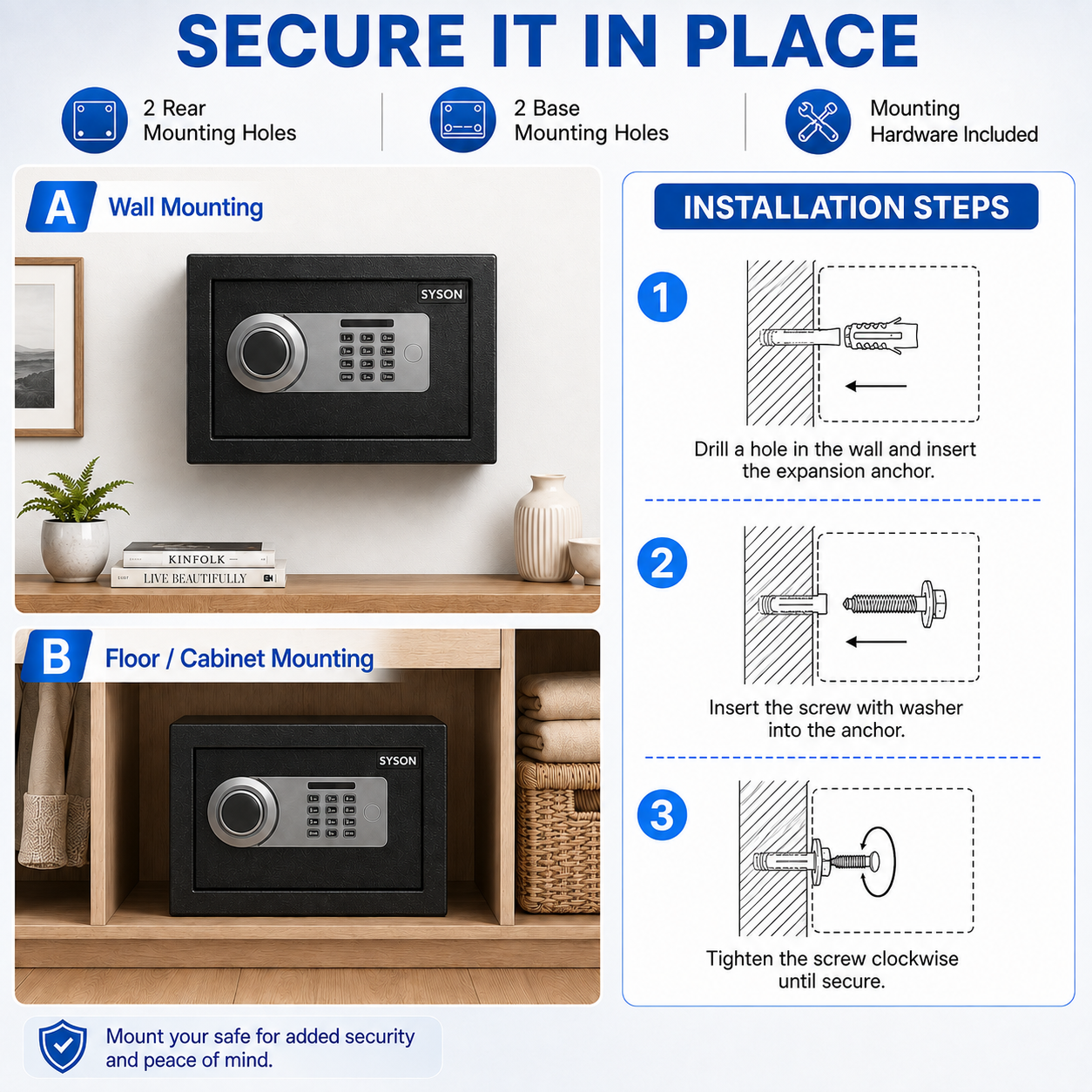 Digital Safe Box, Steel Lock Box with Electronic Keypad & Backup Keys, Compact Home Safe for Cash, Passport, Jewelry & Documents, Wall/Floor Mount, 20 x 31 x 20 cm