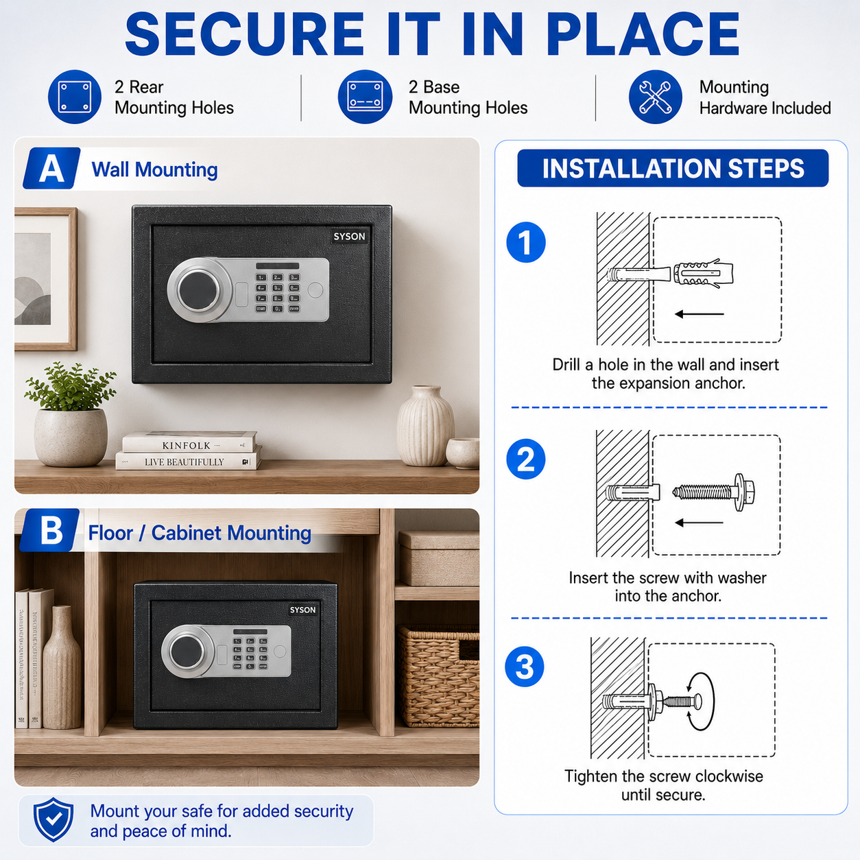 Digital Safe Box, Steel Lock Box with Electronic Keypad & Backup Keys, Compact Home Safe for Cash, Passport, Jewelry & Documents, Wall/Floor Mount, 25 x 35 x 25 cm