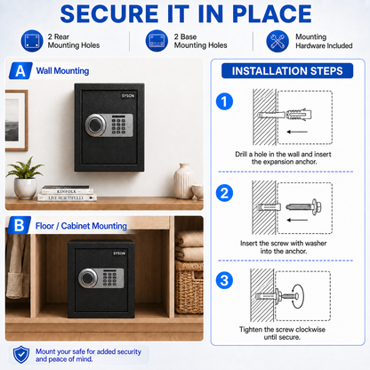 Digital Safe Box, Steel Lock Box with Electronic Keypad & Backup Keys, Compact Home Safe for Cash, Passport, Jewelry & Documents, Wall/Floor Mount, 36 x 33 x 33 cm